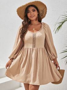 SHEIN VCAY 大碼圓點水溶蕾絲拼接燈籠袖洋裝 - 卡其色 - 查看 3