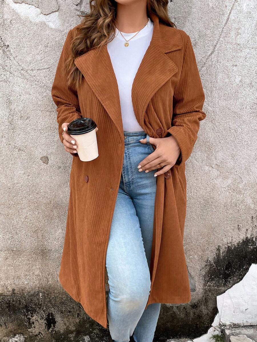 SHEIN LUNE Plus Lapel Neck Double Breasted Corduroy Coat - Brown - View 1