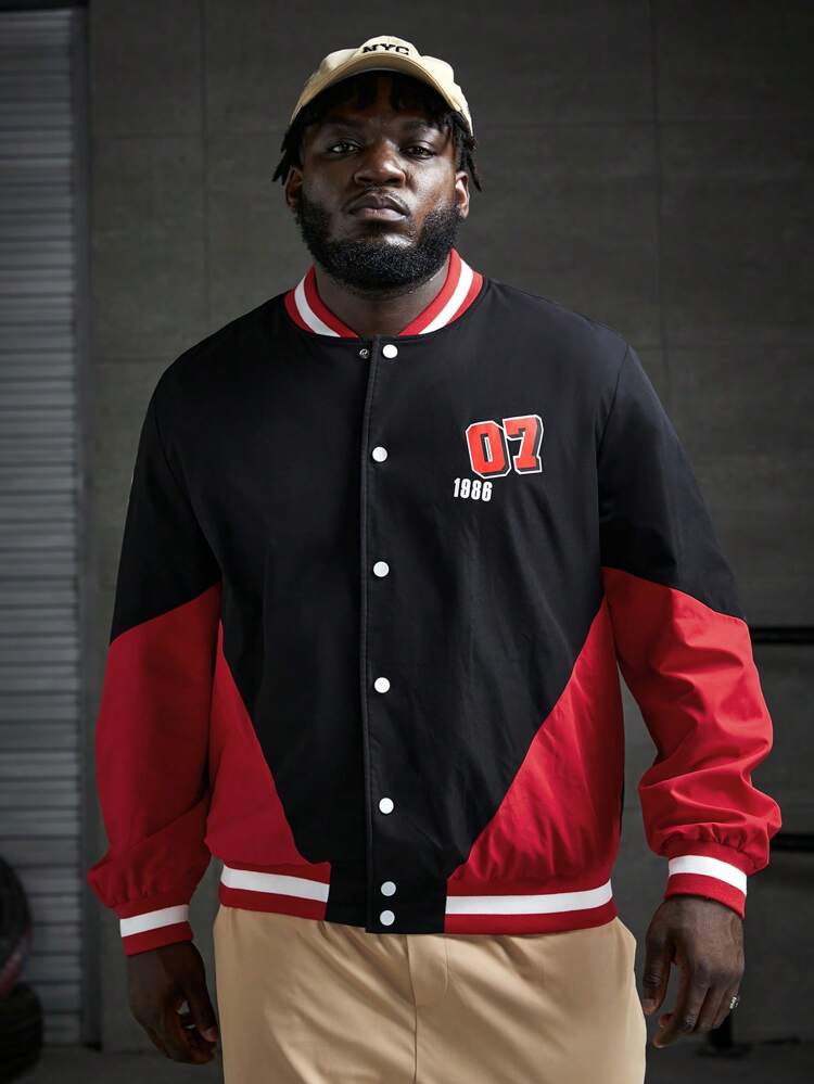 Loose Fit Men's Plus Size Colorblock Letter Graphic Varsity Jacket, For Fall Winter