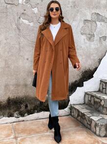 SHEIN LUNE Plus Lapel Neck Double Breasted Corduroy Coat - Brown - View 3