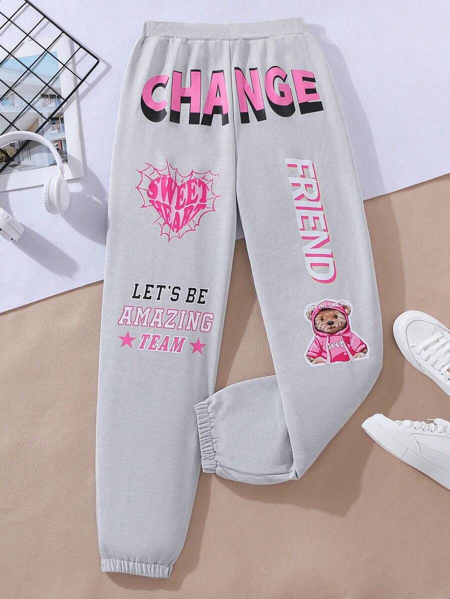 Teen Girl Bear & Slogan Graphic Sweatpants - Light Grey - View 1