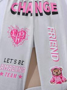 Teen Girl Bear & Slogan Graphic Sweatpants - Light Grey - View 3
