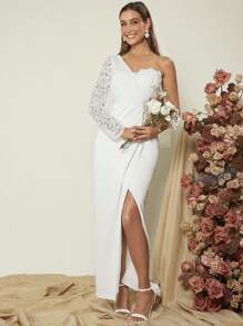 SHEIN Belle One Shoulder Lace Sleeve Wrap Hem Wedding Dress