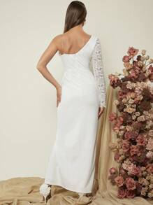 SHEIN Belle One Shoulder Lace Sleeve Wrap Hem Wedding Dress