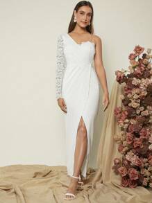 SHEIN Belle One Shoulder Lace Sleeve Wrap Hem Wedding Dress
