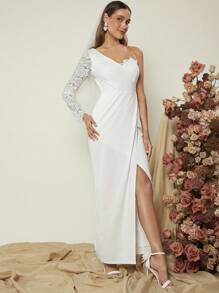SHEIN Belle One Shoulder Lace Sleeve Wrap Hem Wedding Dress