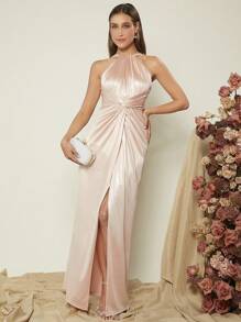 SHEIN Belle Mặt trước xoắn Tách đùi Xa ten Đầm - Màu Hồng baby - Xem 1