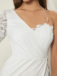 SHEIN Belle One Shoulder Lace Sleeve Wrap Hem Wedding Dress