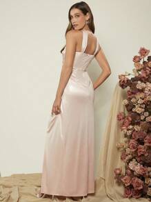 SHEIN Belle Mặt trước xoắn Tách đùi Xa ten Đầm - Màu Hồng baby - Xem 2