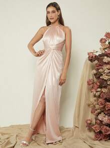 SHEIN Belle Mặt trước xoắn Tách đùi Xa ten Đầm - Màu Hồng baby - Xem 4