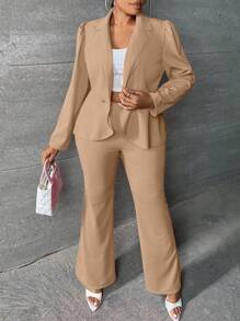 SHEIN SXY 大碼泡泡袖西裝外套&喇叭褲 - 杏色 - 查看 1