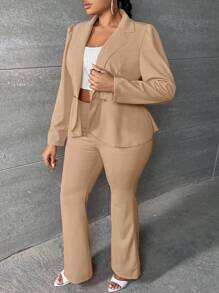 SHEIN SXY 大碼泡泡袖西裝外套&喇叭褲 - 杏色 - 查看 5