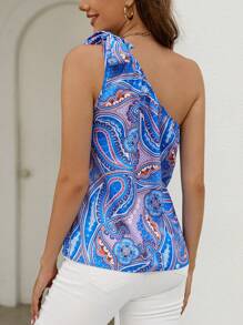 SHEIN VCAY Paisley Print One Shoulder Knot Detail Blouse - Multicolor - View 2