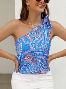 SHEIN VCAY Paisley Print One Shoulder Knot Detail Blouse - Multicolor - View 3