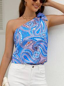 SHEIN VCAY Paisley Print One Shoulder Knot Detail Blouse - Multicolor - View 6