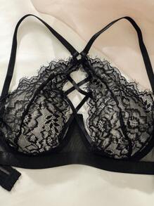 Classic Sexy Floral Lace Underwire Lingerie Set - Black - View 8