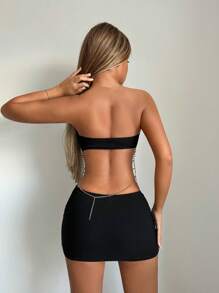 SHEIN ICON 鏈條細節鏤空抹胸緊身連衣裙 - 黑色 - 查看 2