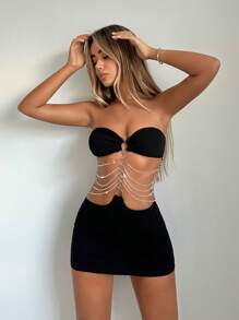 SHEIN ICON 鏈條細節鏤空抹胸緊身連衣裙 - 黑色 - 查看 3