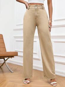 SHEIN Essnce Slant Pocket Straight Leg Jeans - Khaki - View 1