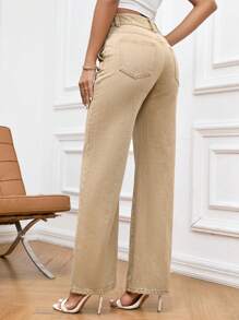 SHEIN Essnce Slant Pocket Straight Leg Jeans - Khaki - View 2
