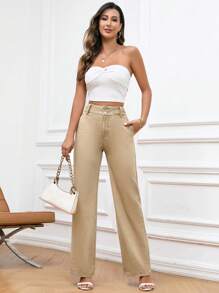 SHEIN Essnce Slant Pocket Straight Leg Jeans - Khaki - View 3