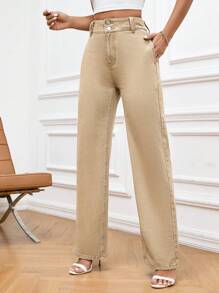 SHEIN Essnce Slant Pocket Straight Leg Jeans - Khaki - View 4