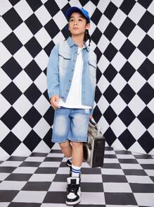 Adolescent Garçon Chemise En Jean Poche À Rabat