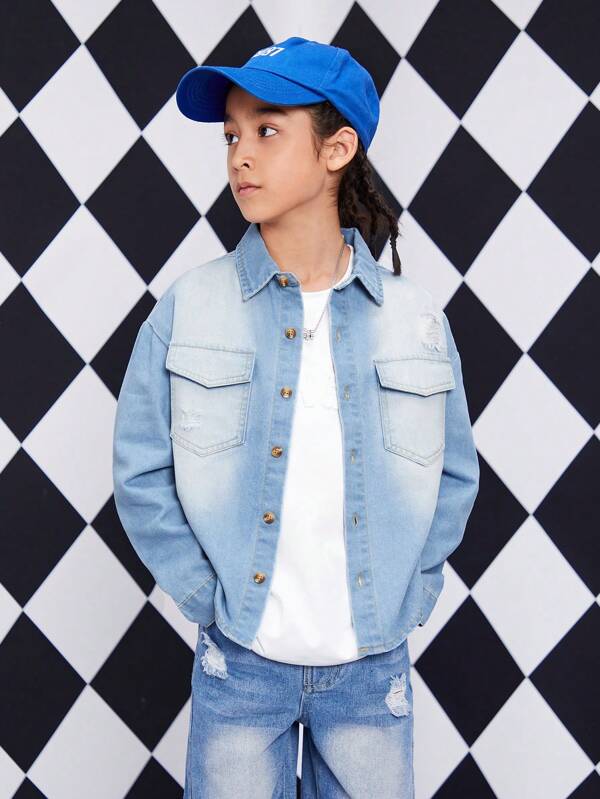 Adolescent Garçon Chemise En Jean Poche À Rabat