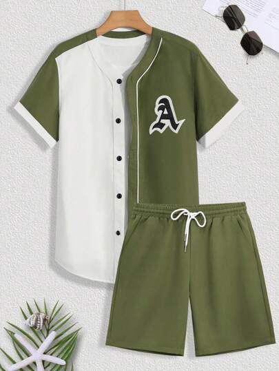 Guys Letter Graphic Two Tone Shirt & Drawstring Waist Shorts