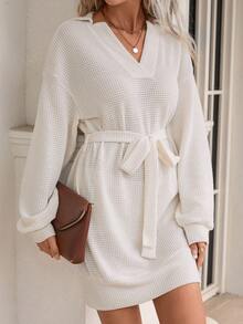 SHEIN LUNE 華夫格編織落肩袖腰帶衛衣連衣裙 - 白色 - 查看 6