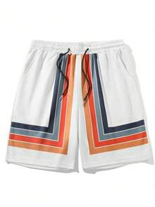 Manfinity Homme 男士條紋印花腰部抽繩短褲 - 白色 - 查看 3