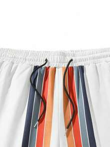 Manfinity Homme 男士條紋印花腰部抽繩短褲 - 白色 - 查看 6