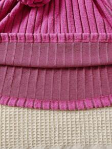 SHEIN 少女紅色泡泡袖中長A字剪裁洋裝，搭配肩包造型裝飾 - 玫紅色 - 查看 5