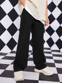 SHEIN Explorewe 青少年男孩休闲学院风日常全松紧腰平口袋直筒牛仔裤 - 黑色 - 查看 5