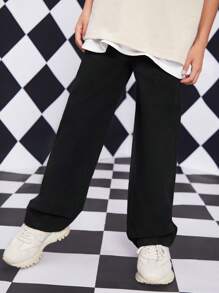 SHEIN Explorewe 青少年男孩休闲学院风日常全松紧腰平口袋直筒牛仔裤 - 黑色 - 查看 3