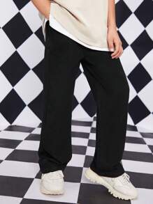 SHEIN Explorewe 青少年男孩休闲学院风日常全松紧腰平口袋直筒牛仔裤 - 黑色 - 查看 4