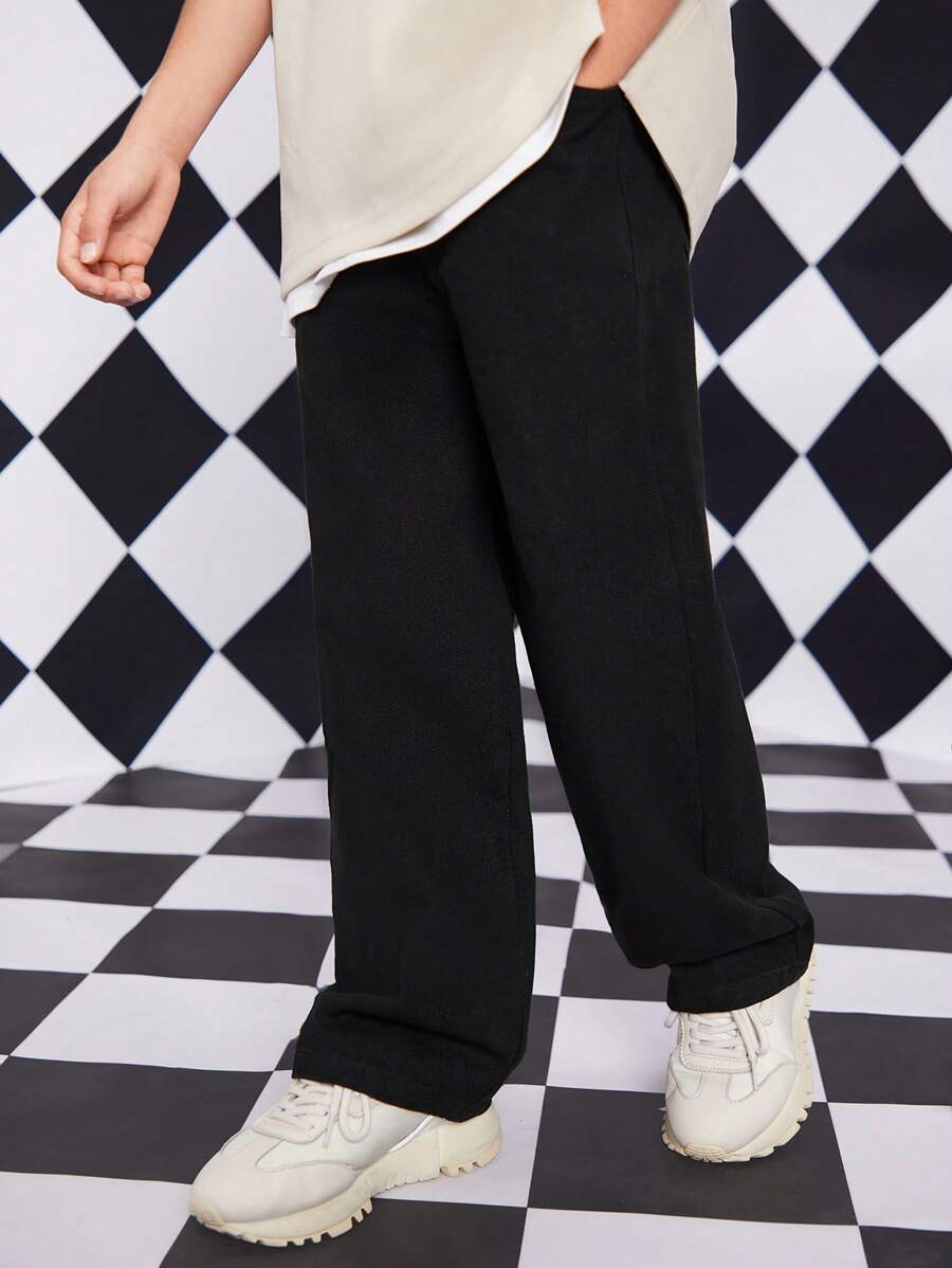 SHEIN Explorewe 青少年男孩休闲学院风日常全松紧腰平口袋直筒牛仔裤 - 黑色 - 查看 1