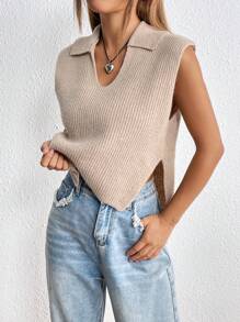 SHEIN Unity 素色條紋針織下擺開叉毛衣背心 - 卡其色 - 查看 4