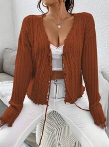 Flirla Plus Lettuce Trim Tie Front Drop Shoulder Cardigan - Orange - View 3