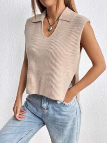 SHEIN Unity 素色條紋針織下擺開叉毛衣背心 - 卡其色 - 查看 5