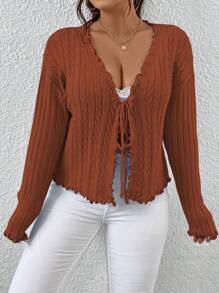 Flirla Plus Lettuce Trim Tie Front Drop Shoulder Cardigan - Orange - View 5