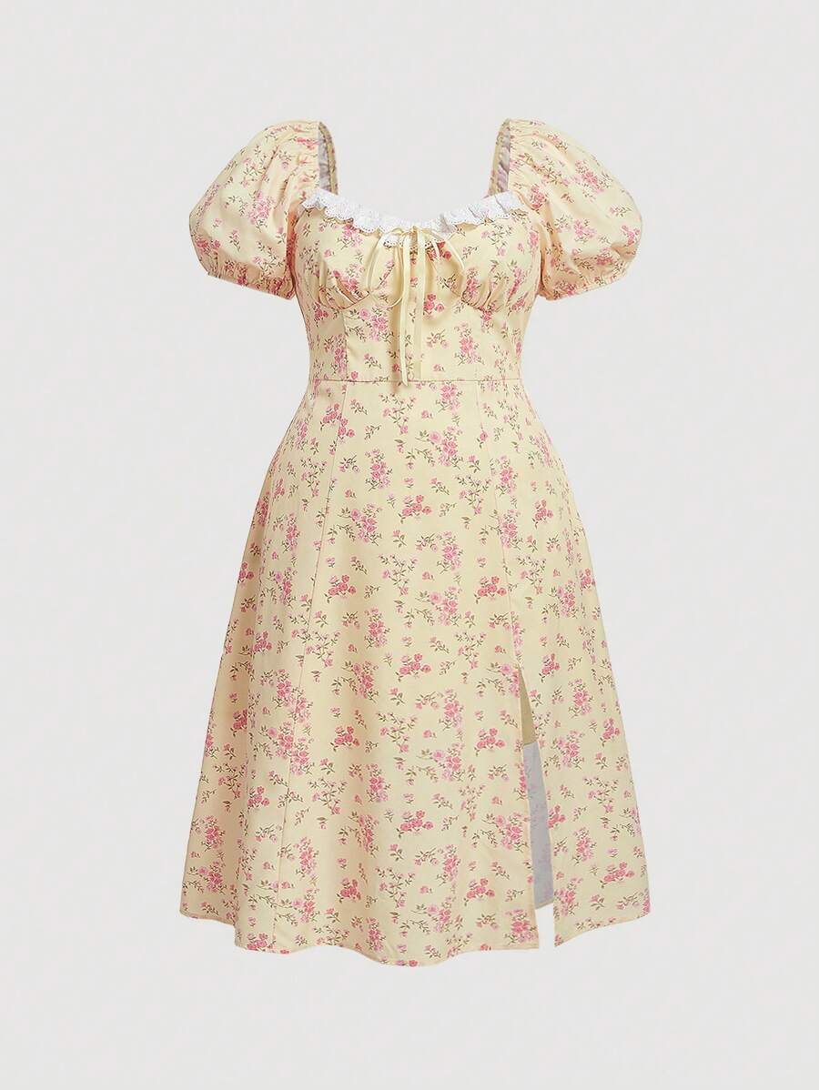 SHEIN MOD 大碼印花前打結高衩連衣裙 - 黃色 - 查看 1