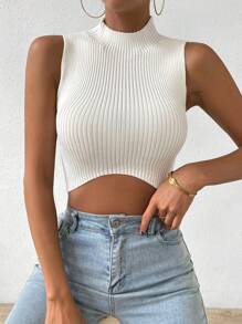 Chiquease Blusa de punto blanca ajustada con bajo curvo, elegante y profesional para mujer - Blanco - Ver 2