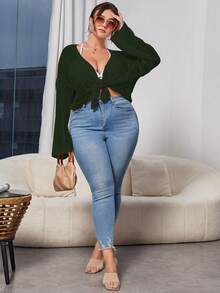 SHEIN Unity Hơn Thả vai Tie Trước Đan Mở Áo len Mở - Màu xanh lá cây đậm - Xem 4