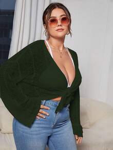 SHEIN Unity Hơn Thả vai Tie Trước Đan Mở Áo len Mở - Màu xanh lá cây đậm - Xem 5