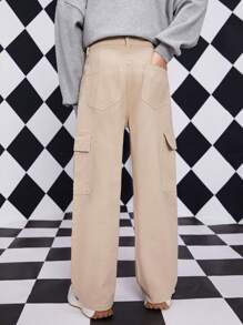 少年休閑學院風街頭日常彈性腰平口口袋直筒裝載褲 - 杏色 - 查看 2