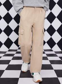 少年休閑學院風街頭日常彈性腰平口口袋直筒裝載褲 - 杏色 - 查看 3