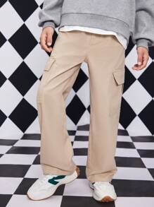 少年休閑學院風街頭日常彈性腰平口口袋直筒裝載褲 - 杏色 - 查看 5