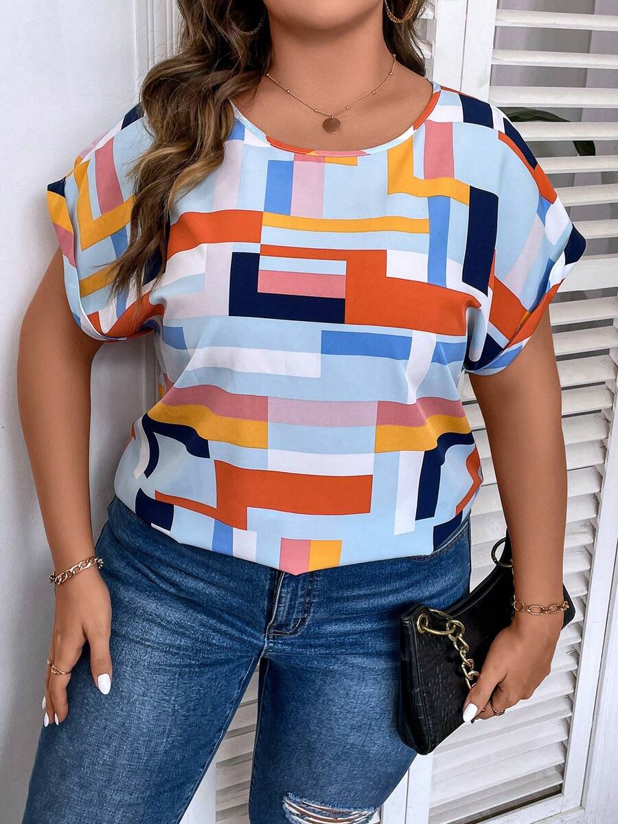 SHEIN LUNE Camisa azul vaquera de cuello redondo ancha y casual con efecto denim y hombros caídos para tallas grandes - Azul - Ver 1