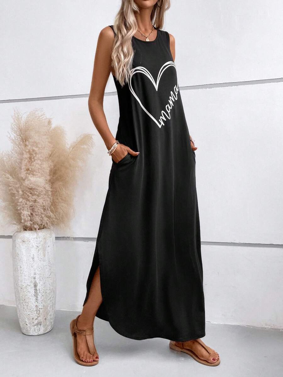 SHEIN LUNE 愛心圖案隱藏口袋下擺開叉背心連衣裙 - 黑色 - 查看 1